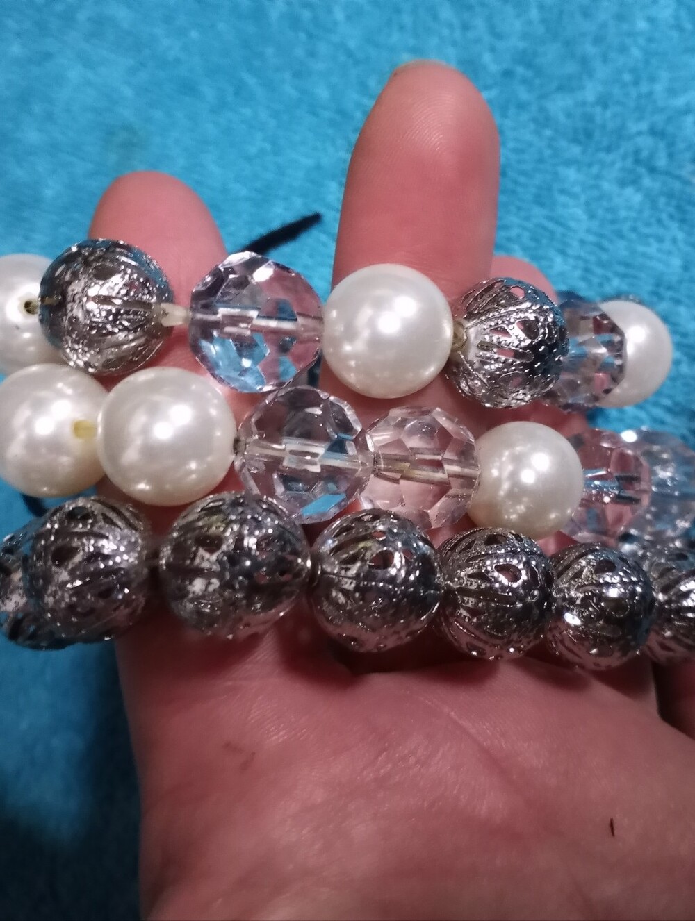 Classic Pearl & Crystal Silver Bead Bracelet With Filigree Beads - White/Silver